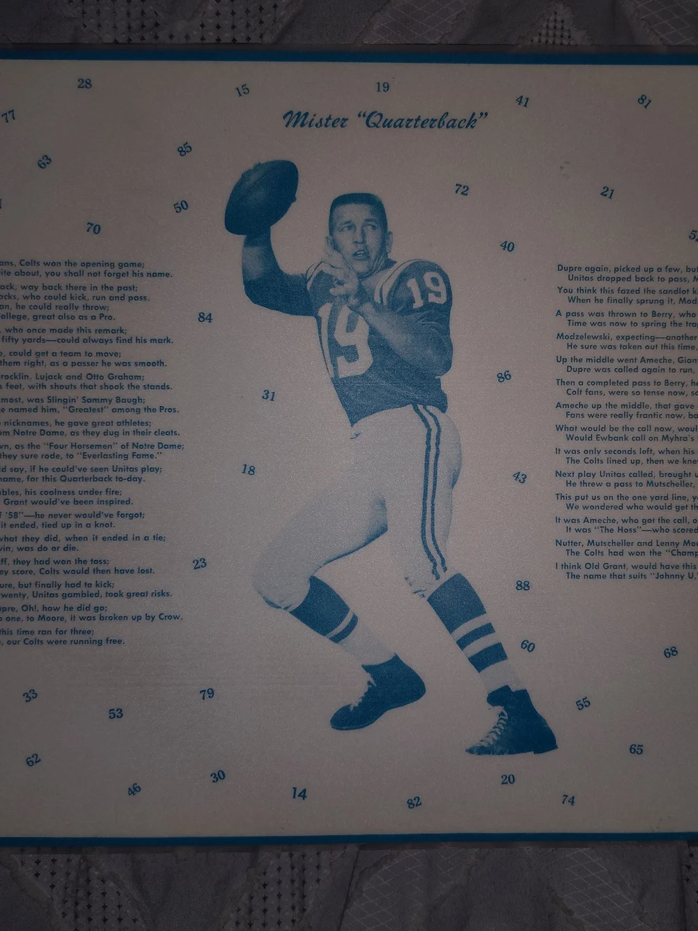 1965 Baltimore Colts Football Placemat Set Day Johnny Unitas Marchetti 11 X 16